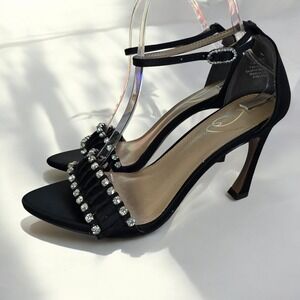 Sam Edelman Evelynn Rhinestone Sandals Black Satin Women 9.5 Almond Toe 3 3/4 He